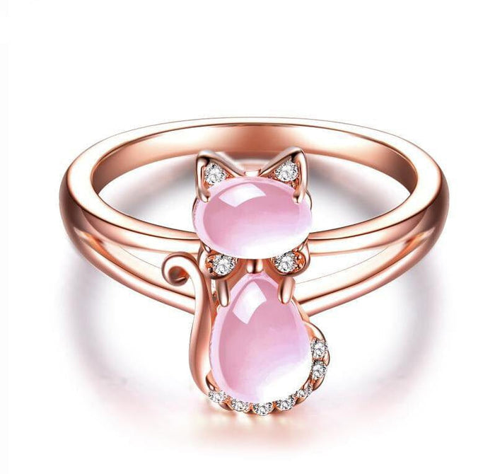 Ring - Women's CZ Ross Quartz Crystal Pink Opal Cat Ring