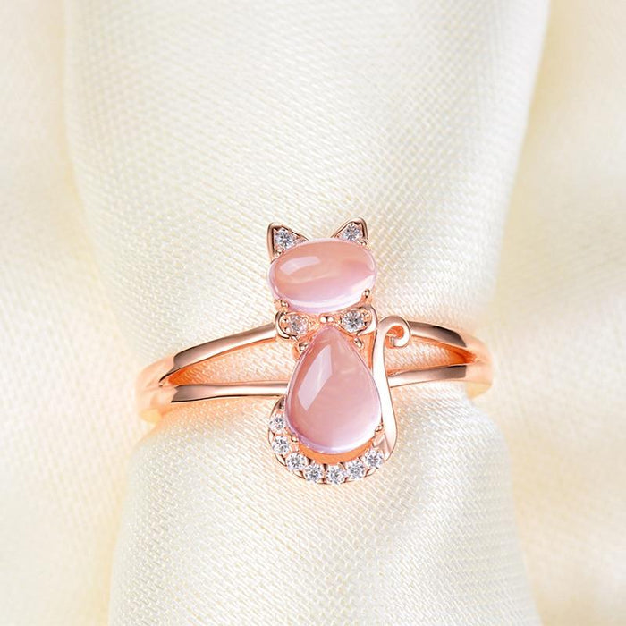 Ring - Women's CZ Ross Quartz Crystal Pink Opal Cat Ring