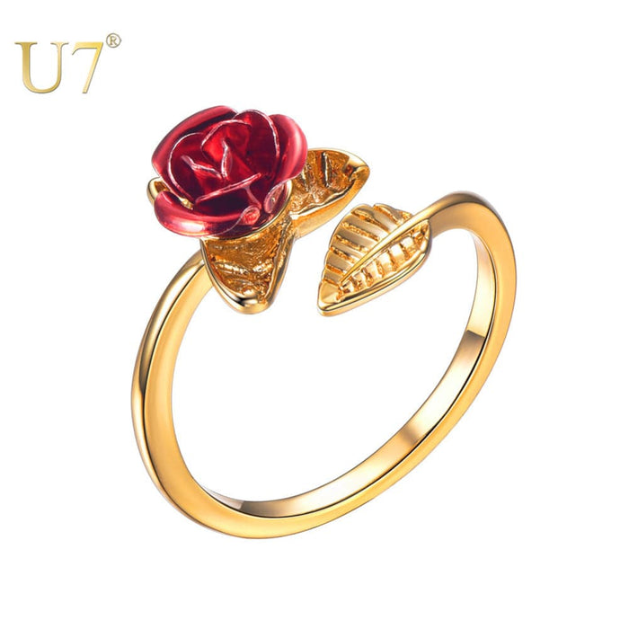 Ring - Women's Red Rose Garden Flower Leaves Adjustable Ring
