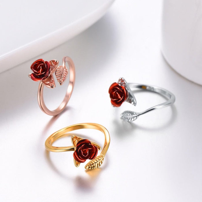 Ring - Women's Red Rose Garden Flower Leaves Adjustable Ring