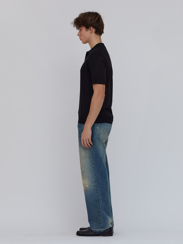 Rodeo Open-Collar Knit Polo in Black