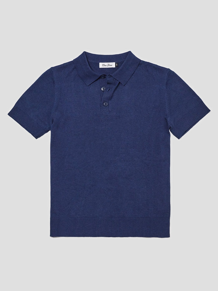 Rodeo Three-Button Fitted Knit Polo in Navy