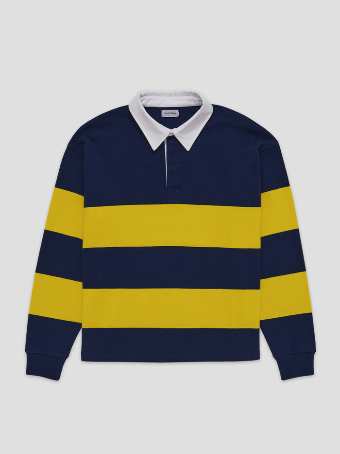 long sleeve rugby polo shirt blue and yellow