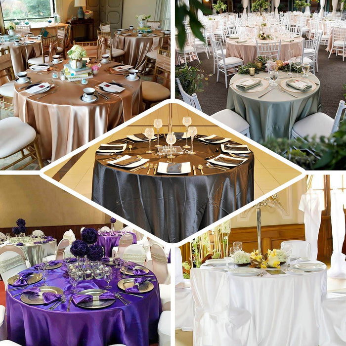 Elegant table settings with various colored tablecloths for events and weddings.