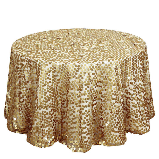 Gold sequin tablecloth with round shape and shimmering design