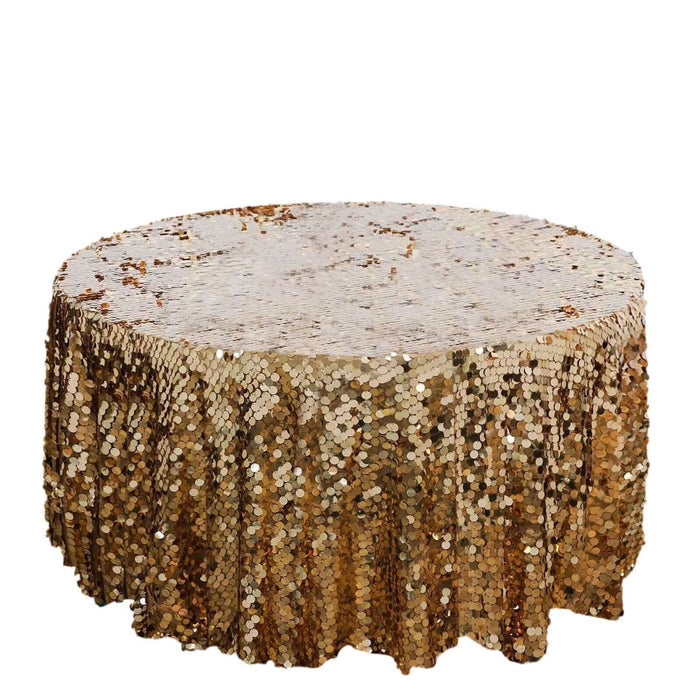 Gold sequin tablecloth with a shimmering finish, perfect for events and celebrations.