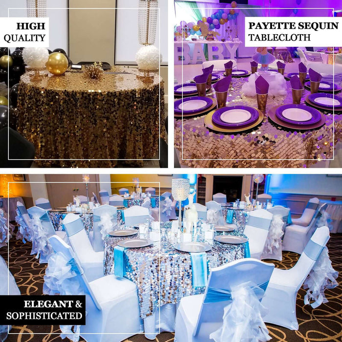 Sequin tablecloths in elegant event setup with stylish decor and centerpieces.