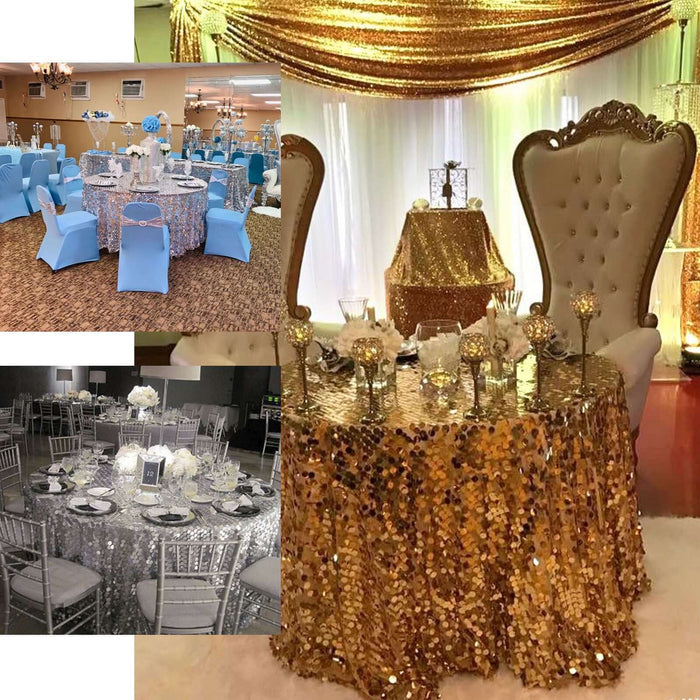 Elegant gold sequin tablecloths set for events with decorative centerpieces.