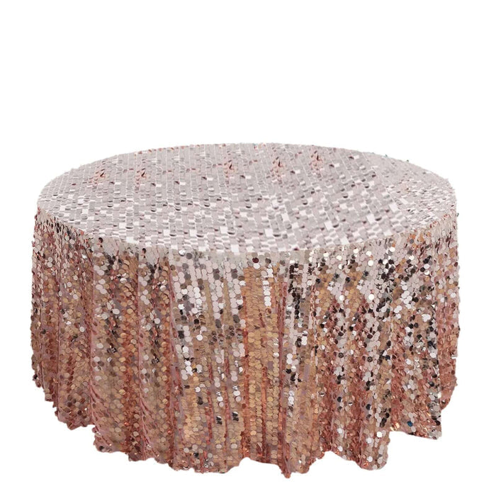 Rose gold sequin tablecloth with shimmering texture and full circular shape