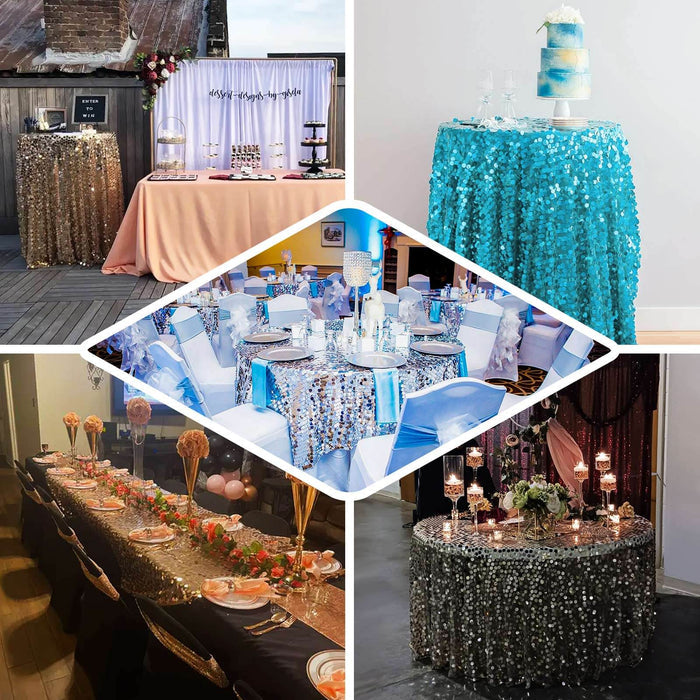Variety of elegant table settings featuring sequined tablecloths for events.