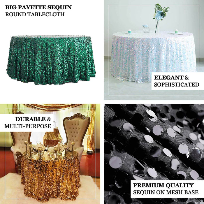 Big payette sequin round tablecloth in various colors and settings.