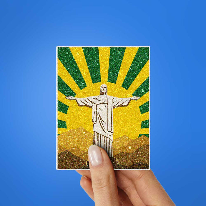 Statue on Mountain Sunburst Glitter Sticker - Glitter Stickers | STICK IT UP