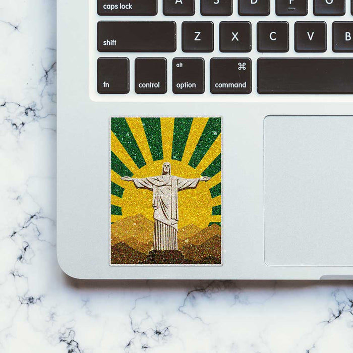 Statue on Mountain Sunburst Glitter Sticker - Glitter Stickers | STICK IT UP