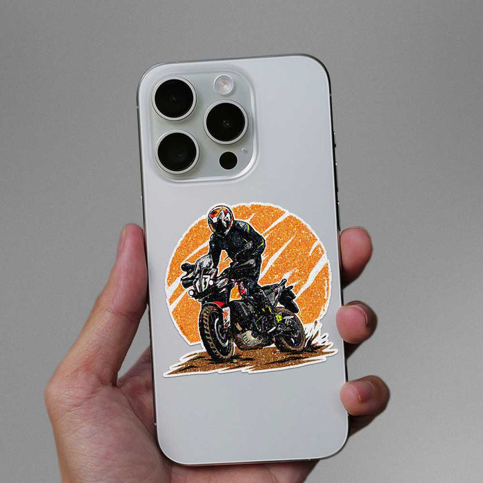 Sunset Motorcycle Rider Glitter Sticker - Glitter Stickers | STICK IT UP