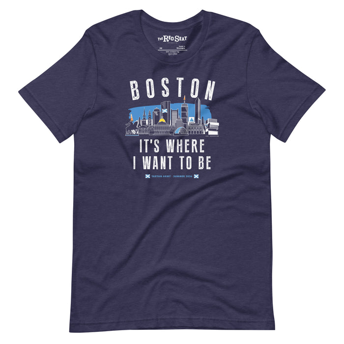Navy blue t-shirt with Boston skyline graphic and text on a white background and tartan army