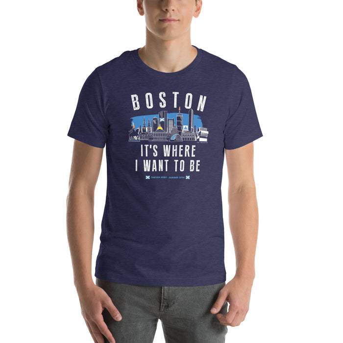 Navy blue t-shirt with 'Boston' and cityscape graphic worn by a person on a white background and tartan army