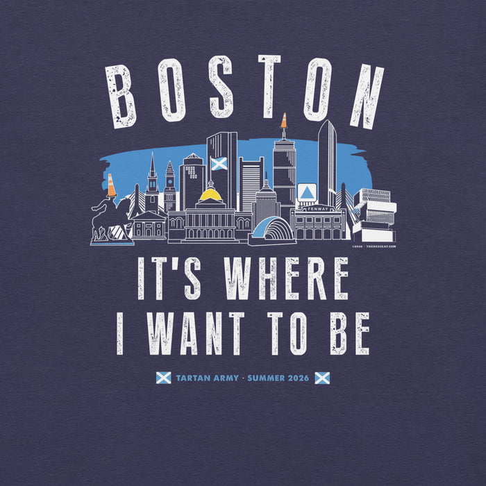 Navy blue t-shirt design with Boston skyline graphic and text on a dark blue background and tartan army