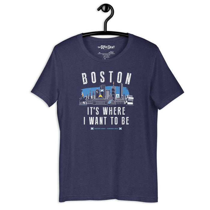 Navy blue t-shirt with 'Boston It's Where I Want to Be' design on a hanger and tartan army
