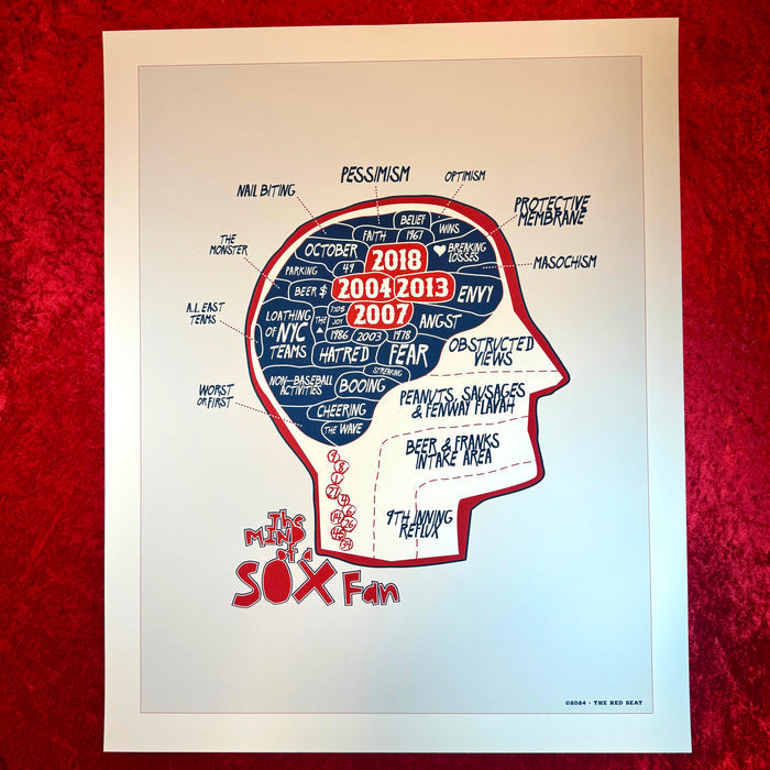 close up art print with the red seat design of the mind of a red sox fan inspired by phrenology