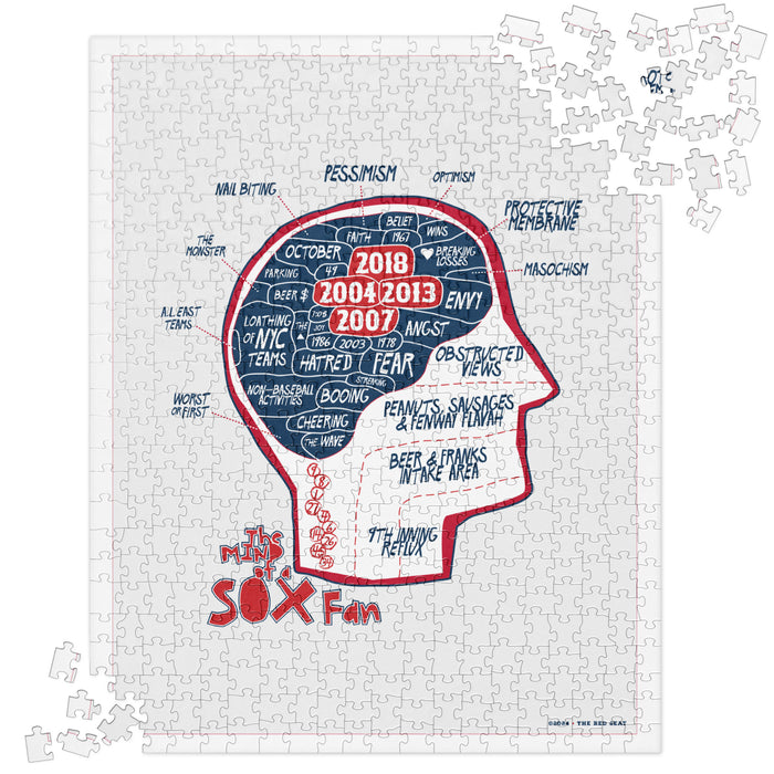 jigsaw puzzle with the red seat design of the mind of a red sox fan inspired by phrenology