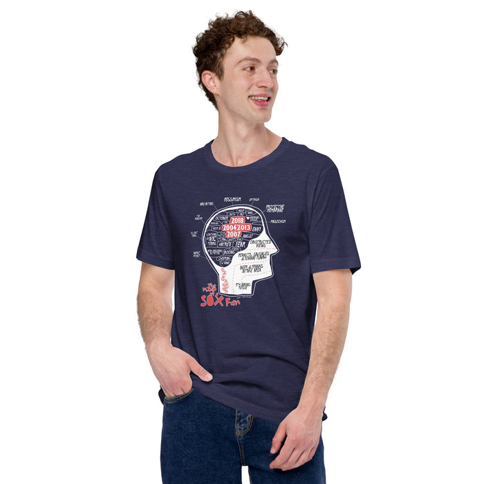photo of man wearing navy blue red sox t-shirt designed by the red seat. based on phrenology, there is a human head with many feeling a red sox fan encounters