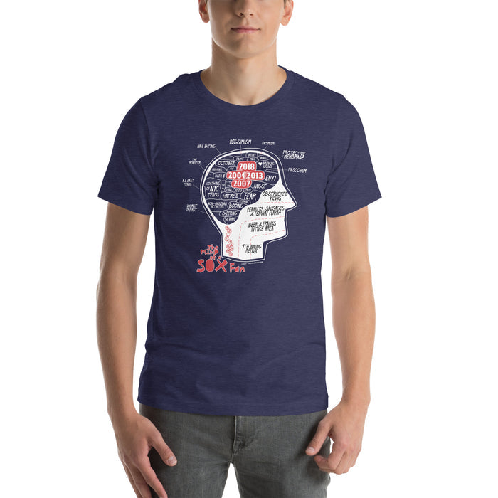 photo of man wearing navy blue red sox t-shirt designed by the red seat. based on phrenology, there is a human head with many feeling a red sox fan encounters