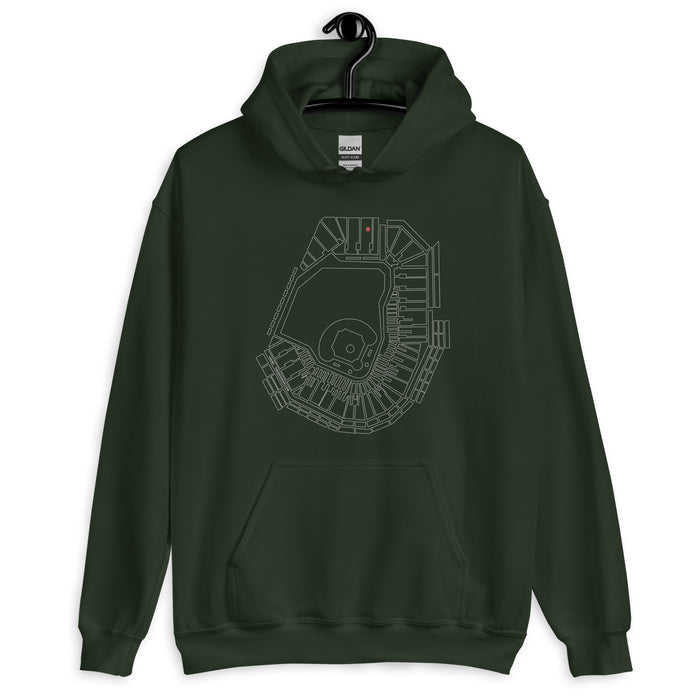 dark green unisex hoodie sweatshirt with outline of fenway park and the red seat in red