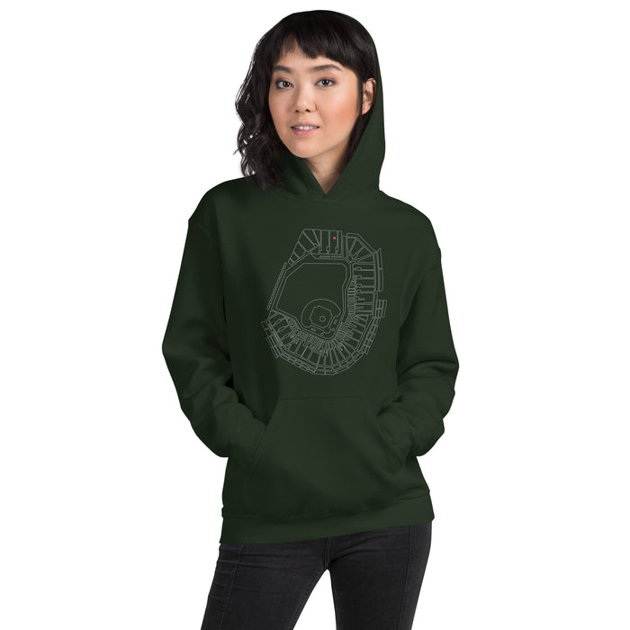 woman wearing dark green unisex hoodie sweatshirt with outline of fenway park and the red seat in red