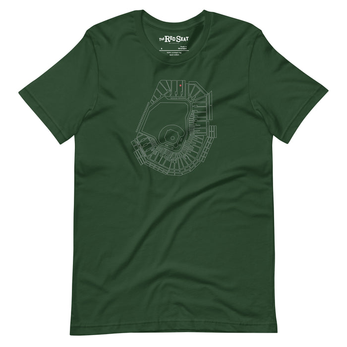 dark green unisex t-shirt with outline of fenway park and the red seat in red