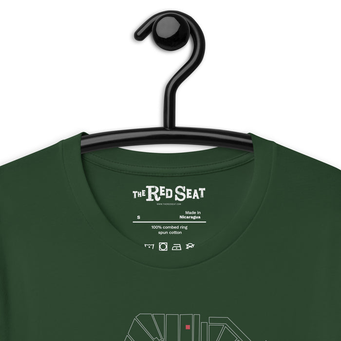 close up of dark green design with outline of fenway park and the red seat in red