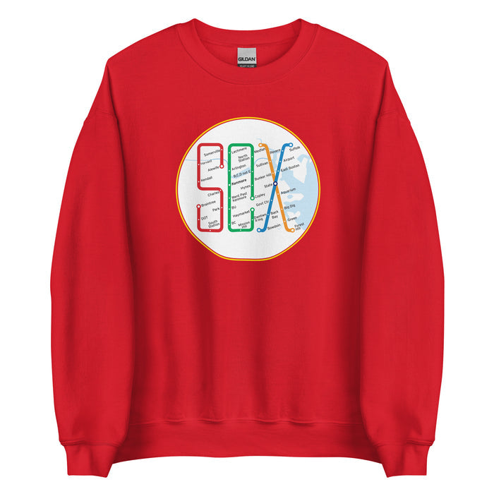 Boston MBTA design as Red Sox stops using the word Sox, on red crewneck sweatshirt