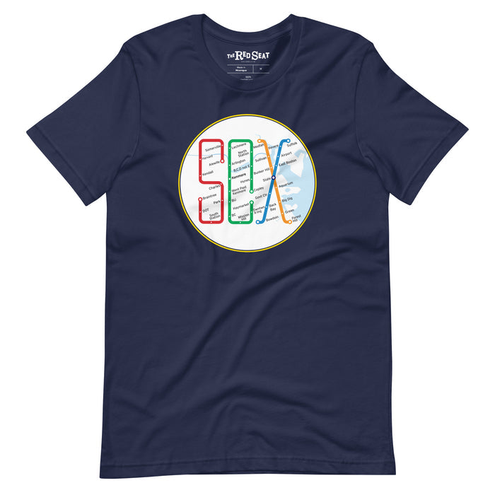 Boston MBTA design as Red Sox stops using the word Sox, on navy blue unisex t-shirt