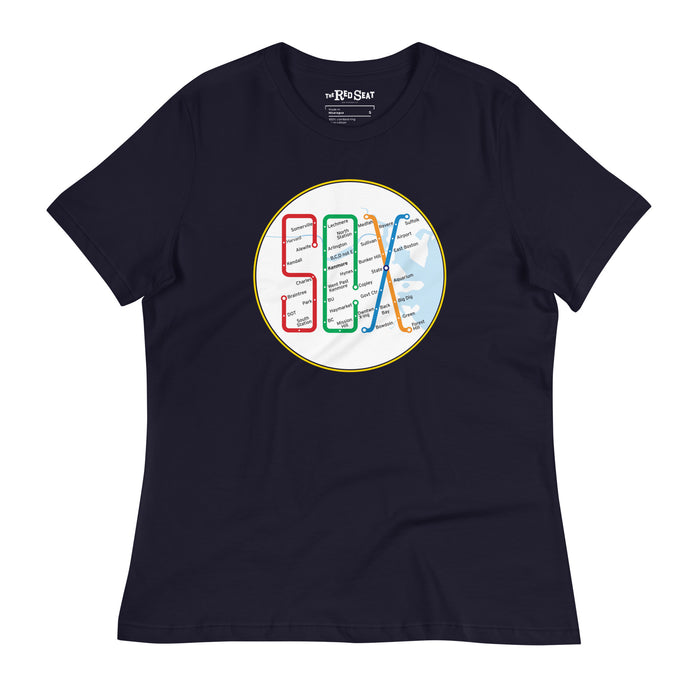 Boston MBTA design as Red Sox stops using the word Sox, on navy blue women's t-shirt