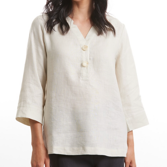 V-neck Button Linen Top Stone (Sirocco)