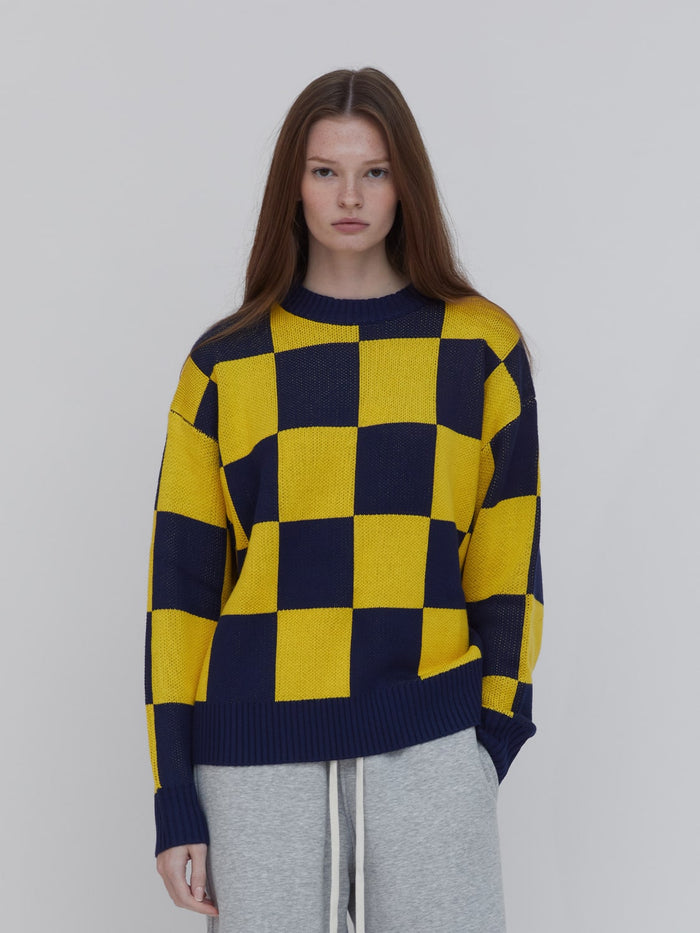 Women's navy and yellow checkerboard sweater One Dna brand