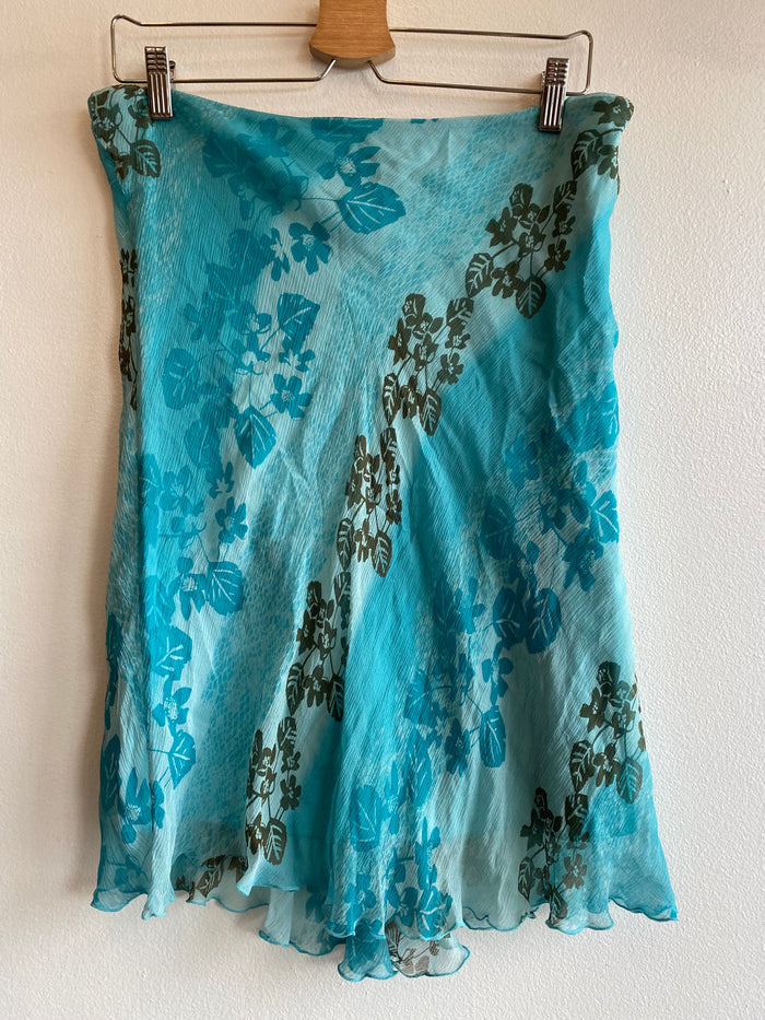 Vintage Y2K Teal Floral Silk Midi Skirt - La Lovely Vintage