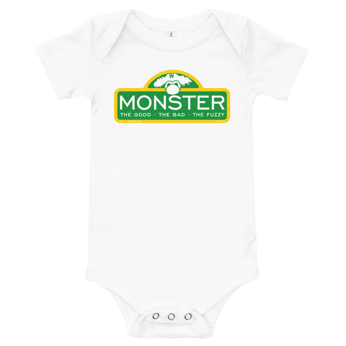 Wallzilla Jr. (Baby)-The Red Seat onesie with boston red sox green monster as sesame street sign