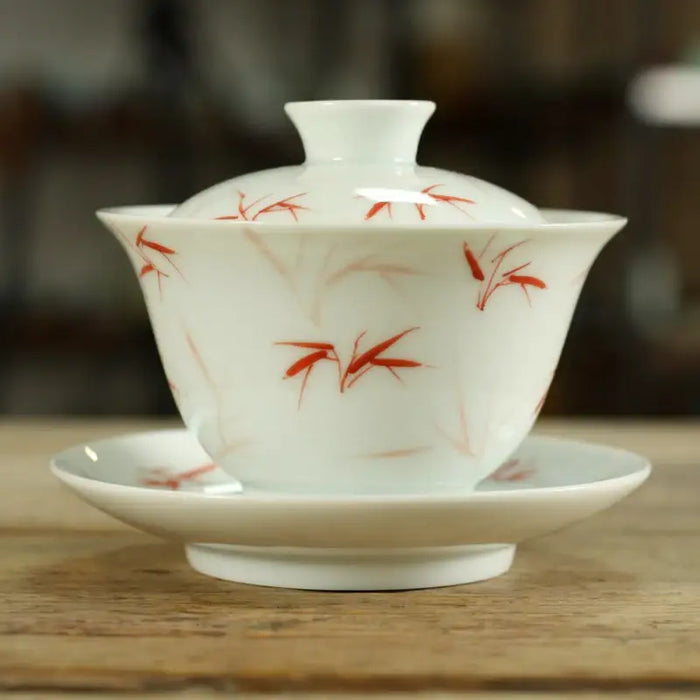 White Porcelain Gai Wan 170cc, with Fully Hand Painted Bamboo Leaf
